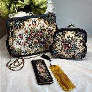 Antique French Floral Tapestry Evening Bag set